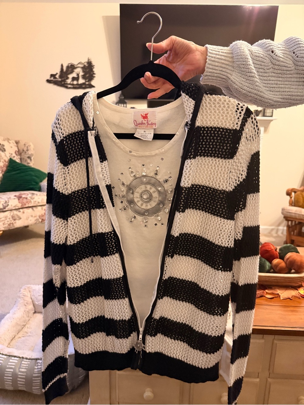 Quacker Factory Black & White Striped Hooded Zip Cardigan